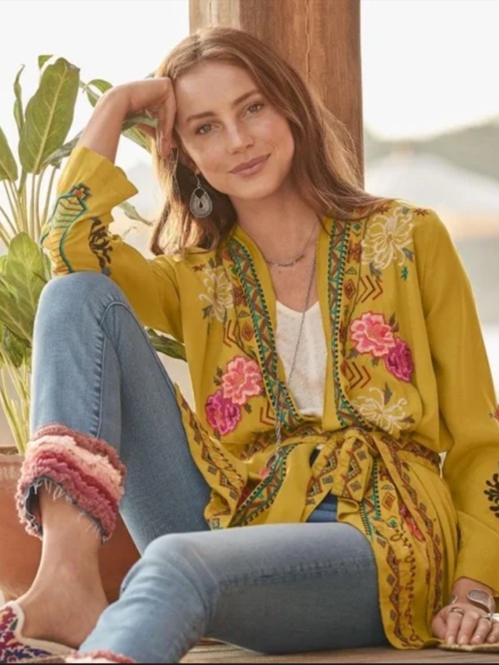 DRIFTWOOD Abby Mustard Yellow Embroidered Kimono Style Jacket. Size Small. $168+